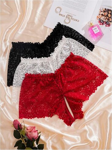 OYOANGLE Women's Plus Size Crotchless Panties Open Crotch Mid Rise Lace Boyshorts Underwear in Saudi Arabia