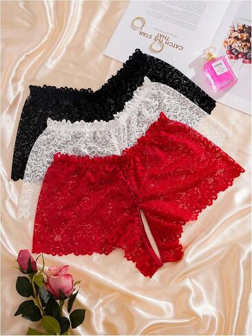 OYOANGLE Women's Plus Size Crotchless Panties Open Crotch Mid Rise Lace Boyshorts Underwear in Saudi Arabia