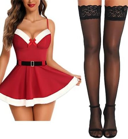 RSLOVE Women Christmas Lingerie Sexy Santa & Women's Lace Top Thigh High Sheer Stockings in Saudi Arabia