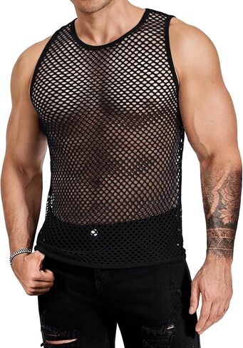 COOFANDY Men Casual Tank Tops Mesh Shirt See Through Sleeveless Shirts Muscle Fishnet Fitted Tee Clubwear Summer in Saudi Arabia