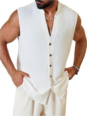 SHENHE Men's Summer Sleeveless Button Up Shirt Beach Tank Band Collar V Neck Textured Shirt in Saudi Arabia