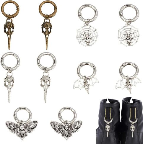 10 Pcs 5 Styles Halloween Alloy Punk Shoe Charms: Moth, Bat, Spider Webs, Skeleton Shape with Spring O Ring for Dress up Ball Shoe Decor Cosplay in Saudi Arabia