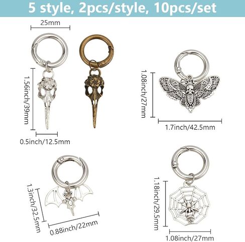 10 Pcs 5 Styles Halloween Alloy Punk Shoe Charms: Moth, Bat, Spider Webs, Skeleton Shape with Spring O Ring for Dress up Ball Shoe Decor Cosplay in Saudi Arabia
