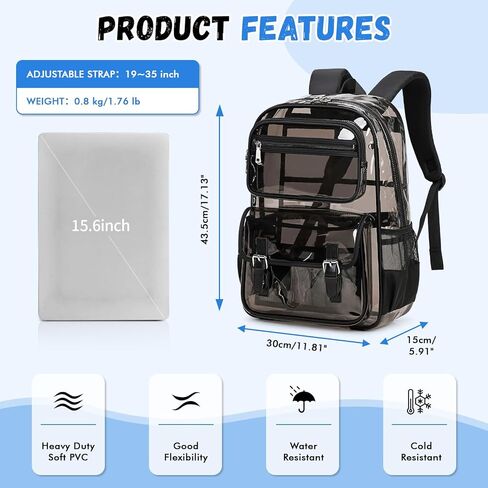 Large Clear Backpack Transparent Heavy Duty School PVC Bookbag See Through Bag Boys and Girls for College Work Travel Security, Semi Black in Saudi Arabia