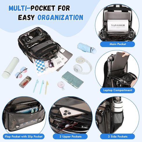 Large Clear Backpack Transparent Heavy Duty School PVC Bookbag See Through Bag Boys and Girls for College Work Travel Security, Semi Black in Saudi Arabia