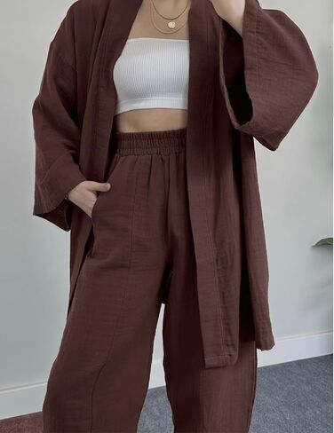 ZAFUL Women 2 Piece Tracksuits Outfits Loungewear Sets Solid Linen Loose Cardigan Suits And Wide Leg Pants Casual Suits in Saudi Arabia