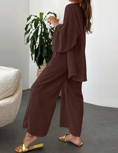 ZAFUL Women 2 Piece Tracksuits Outfits Loungewear Sets Solid Linen Loose Cardigan Suits And Wide Leg Pants Casual Suits in Saudi Arabia