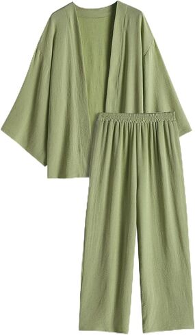 ZAFUL Women 2 Piece Tracksuits Outfits Loungewear Sets Solid Linen Loose Cardigan Suits And Wide Leg Pants Casual Suits in Saudi Arabia