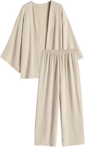 ZAFUL Women 2 Piece Tracksuits Outfits Loungewear Sets Solid Linen Loose Cardigan Suits And Wide Leg Pants Casual Suits in Saudi Arabia