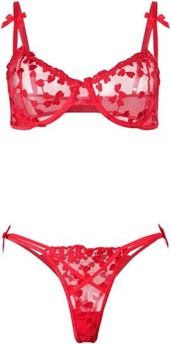 Women's Sexy Xmas Lingerie Floral Lace See-Through Mesh Babydoll Underwear 2 Piece V Neck Underwired Bra Panty in Saudi Arabia