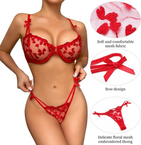 Women's Sexy Xmas Lingerie Floral Lace See-Through Mesh Babydoll Underwear 2 Piece V Neck Underwired Bra Panty in Saudi Arabia