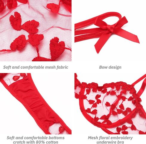 Women's Sexy Xmas Lingerie Floral Lace See-Through Mesh Babydoll Underwear 2 Piece V Neck Underwired Bra Panty in Saudi Arabia
