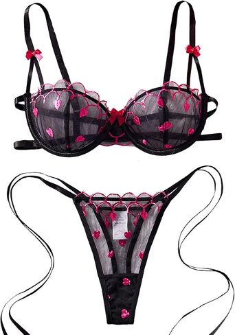 Women's Lingerie Lace Sheer Sexy Embroidery Bra & Panty Set with Adjustable Straps in Saudi Arabia