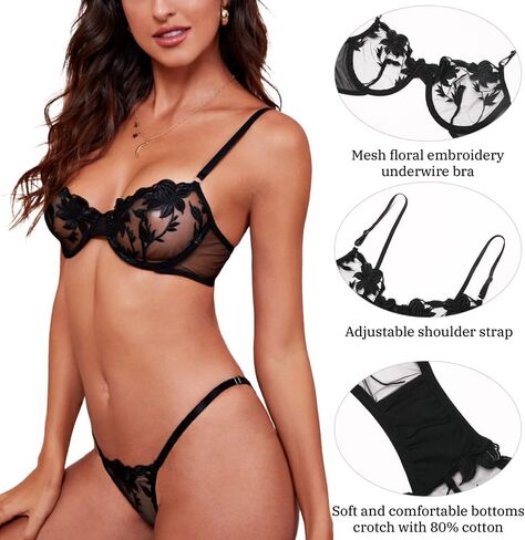Women's Lingerie Set Sexy Naughty Babydoll Underwired Bra and Strappy Panty Set Push Up Floral Lace Underwear in Saudi Arabia