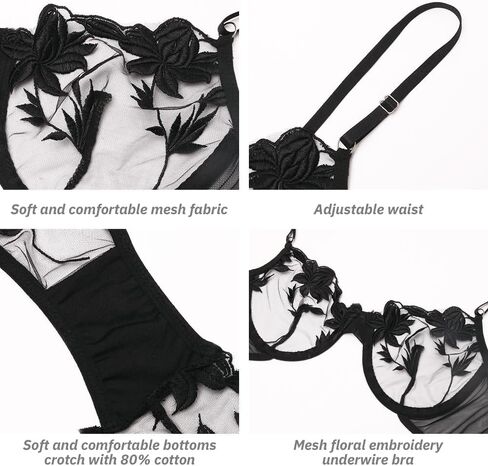 Women's Lingerie Set Sexy Naughty Babydoll Underwired Bra and Strappy Panty Set Push Up Floral Lace Underwear in Saudi Arabia