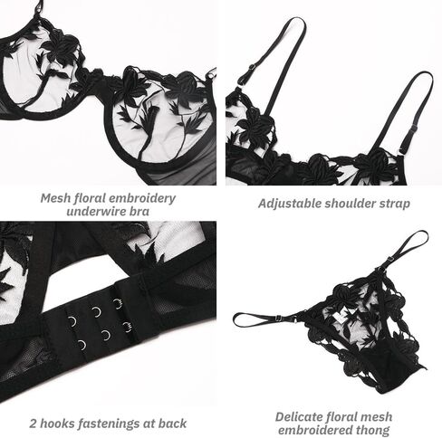 Women's Lingerie Set Sexy Naughty Babydoll Underwired Bra and Strappy Panty Set Push Up Floral Lace Underwear in Saudi Arabia