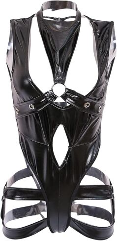 Mzkdieey Women Sexy Leather Lingerie Bodysuits Leotard Halter Harness Cut Out Teddy Babydoll One Piece Jumpsuit Pajamas in Saudi Arabia