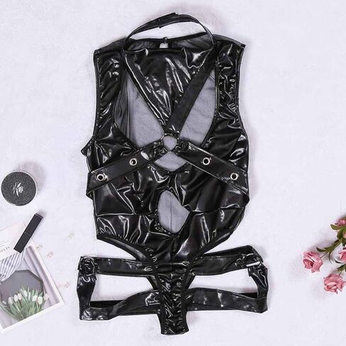 Mzkdieey Women Sexy Leather Lingerie Bodysuits Leotard Halter Harness Cut Out Teddy Babydoll One Piece Jumpsuit Pajamas in Saudi Arabia