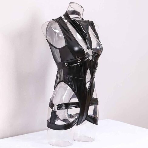 Mzkdieey Women Sexy Leather Lingerie Bodysuits Leotard Halter Harness Cut Out Teddy Babydoll One Piece Jumpsuit Pajamas in Saudi Arabia