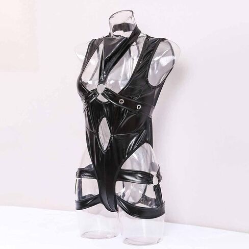 Mzkdieey Women Sexy Leather Lingerie Bodysuits Leotard Halter Harness Cut Out Teddy Babydoll One Piece Jumpsuit Pajamas in Saudi Arabia
