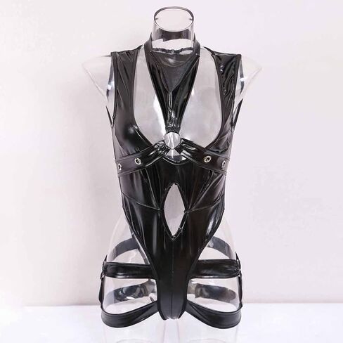 Mzkdieey Women Sexy Leather Lingerie Bodysuits Leotard Halter Harness Cut Out Teddy Babydoll One Piece Jumpsuit Pajamas in Saudi Arabia