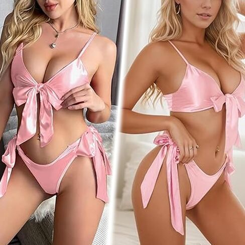 Women's Sexy Satin Unwrap Me Babydoll Lingerie Bowknot, 2 Piece Push Up Bra&Panty, for Ladies Valentine's Day Christmas in Saudi Arabia