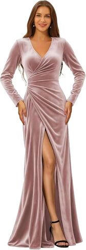 Velvet Pleated Bridesmaid Dresses Long Sleeve Wedding Guest Dress V Neck Formal Gowns with Slit in Saudi Arabia