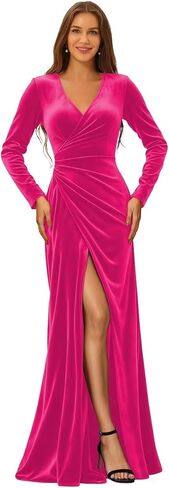 Velvet Pleated Bridesmaid Dresses Long Sleeve Wedding Guest Dress V Neck Formal Gowns with Slit in Saudi Arabia