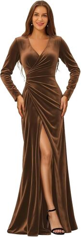 Velvet Pleated Bridesmaid Dresses Long Sleeve Wedding Guest Dress V Neck Formal Gowns with Slit in Saudi Arabia