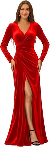 Velvet Pleated Bridesmaid Dresses Long Sleeve Wedding Guest Dress V Neck Formal Gowns with Slit in Saudi Arabia