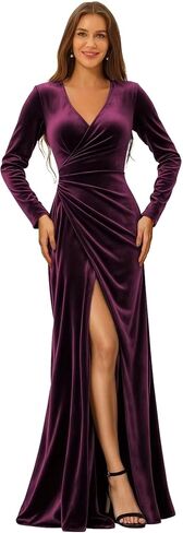 Velvet Pleated Bridesmaid Dresses Long Sleeve Wedding Guest Dress V Neck Formal Gowns with Slit in Saudi Arabia