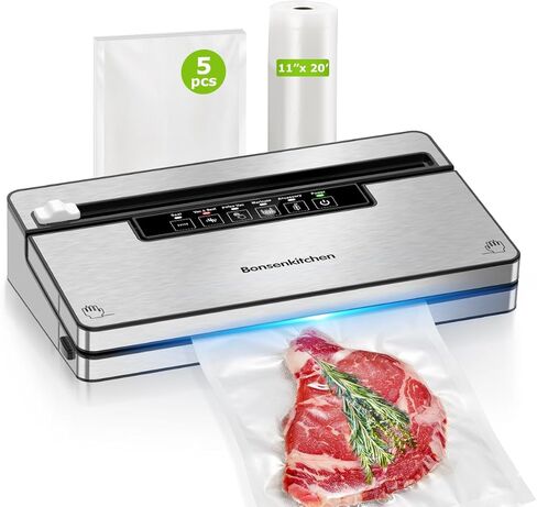 Bonsenkitchen Vacuum Sealer Machine, Powerful Stainless Steel Food Sealer with 5 Modes, Built-in Cutter & Bag Storage,Globefish Technology for High-Speed Continuous Working, Include 1 Bag Roll in Kuwait