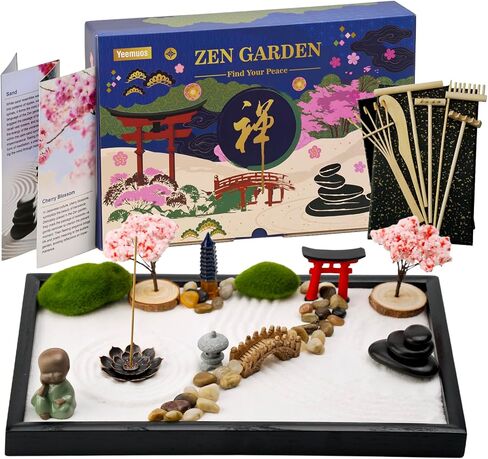 Zen Garden Kit for Desk, 12x8 Inch Sand Tray with 16 Accessories and 6 Tools, Japanese Meditation Mini Garden Set,Mini Meditation Decor for Adults, Stress Relief, Home & Office Decor, Unique Gift Set. in Saudi Arabia