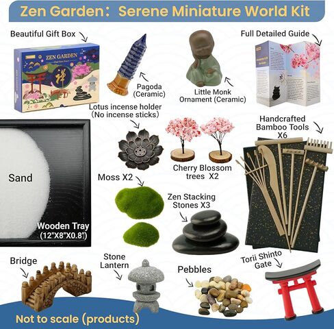 Zen Garden Kit for Desk, 12x8 Inch Sand Tray with 16 Accessories and 6 Tools, Japanese Meditation Mini Garden Set,Mini Meditation Decor for Adults, Stress Relief, Home & Office Decor, Unique Gift Set. in Saudi Arabia