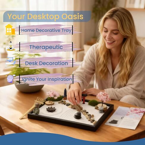 Zen Garden Kit for Desk, 12x8 Inch Sand Tray with 16 Accessories and 6 Tools, Japanese Meditation Mini Garden Set,Mini Meditation Decor for Adults, Stress Relief, Home & Office Decor, Unique Gift Set. in Saudi Arabia