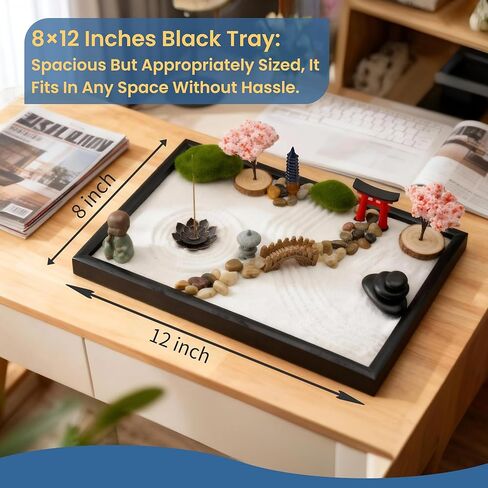 Zen Garden Kit for Desk, 12x8 Inch Sand Tray with 16 Accessories and 6 Tools, Japanese Meditation Mini Garden Set,Mini Meditation Decor for Adults, Stress Relief, Home & Office Decor, Unique Gift Set. in Saudi Arabia