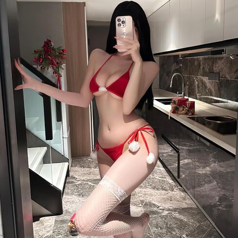 Women's Christmas Halter Mini Bikini Playful Pom-Pom Bow Lingerie Fall Winter Lingerie Swimwear in Saudi Arabia