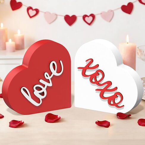 ديكورات عيد الحب - عبوتان من علامة قلب الحب XOXO الخشبية ثلاثية الأبعاد - ديكور طاولة عيد الحب مقاس 4.35 بوصة - ديكورات عيد الحب للمنزل والمكتب وغرفة النوم رف صينية متدرج (أحمر أبيض) in Kuwait
