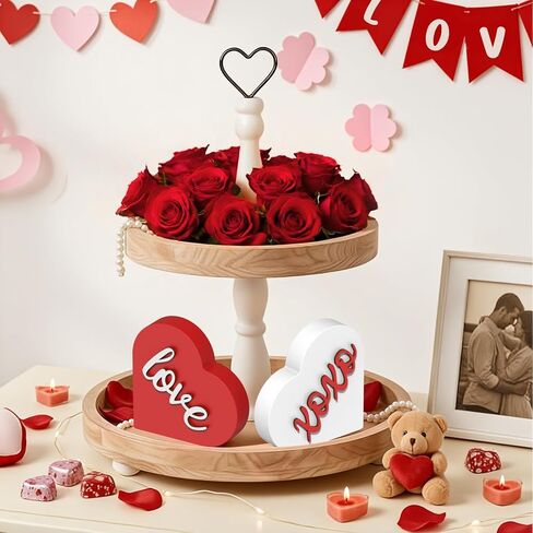 ديكورات عيد الحب - عبوتان من علامة قلب الحب XOXO الخشبية ثلاثية الأبعاد - ديكور طاولة عيد الحب مقاس 4.35 بوصة - ديكورات عيد الحب للمنزل والمكتب وغرفة النوم رف صينية متدرج (أحمر أبيض) in Kuwait