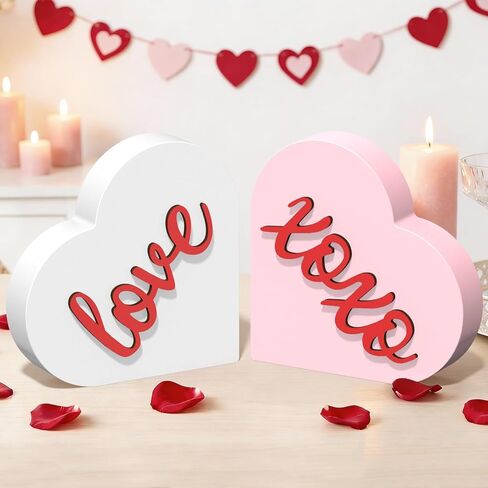 ديكورات عيد الحب - عبوتان من علامة قلب الحب XOXO الخشبية ثلاثية الأبعاد - ديكور طاولة عيد الحب مقاس 4.35 بوصة - ديكورات عيد الحب للمنزل والمكتب وغرفة النوم رف صينية متدرج (أحمر أبيض) in Kuwait