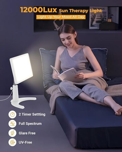 Light Therapy Lamp, 12000 Lux Full Spectrum 3 in 1 Therapy Lamps LED Sunlight, Adjustable 10 Brightness 5 Color Modes, Timer, Height, Angle& Detachable Stand, White in Saudi Arabia