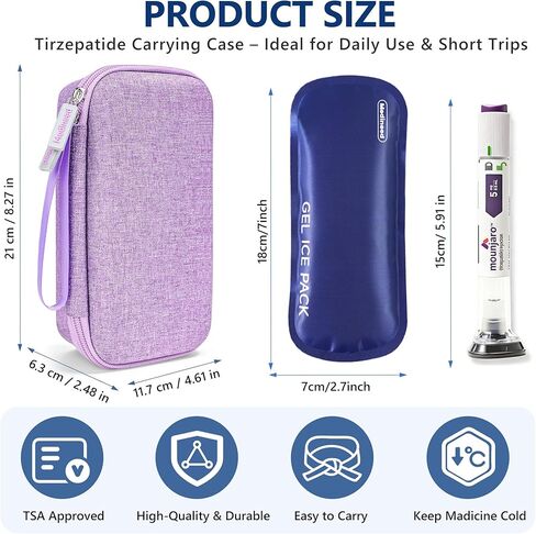 Portable Insulated Cooler Travel Case Fits 2 Zepbound or Mounjaro Injector Pens, Tirzepatide Travel Case TSA Approved with 2PCS Reusable Ice Packs, EVA Medicine Organizer for Daily Use (Purple, Big) in Saudi Arabia