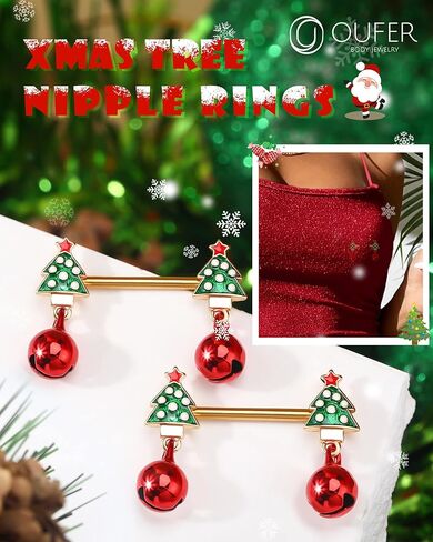 OUFER Nipple Piercing Jewelry, 316L Surgical Steel Nipple Rings, 14G Nipple Barbell, Christmas Nipple Rings for Women Men-Christmas Tree in Saudi Arabia