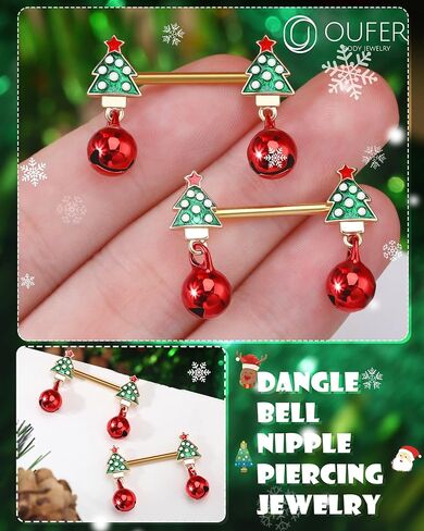 OUFER Nipple Piercing Jewelry, 316L Surgical Steel Nipple Rings, 14G Nipple Barbell, Christmas Nipple Rings for Women Men-Christmas Tree in Saudi Arabia