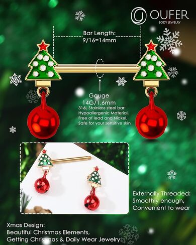OUFER Nipple Piercing Jewelry, 316L Surgical Steel Nipple Rings, 14G Nipple Barbell, Christmas Nipple Rings for Women Men-Christmas Tree in Saudi Arabia