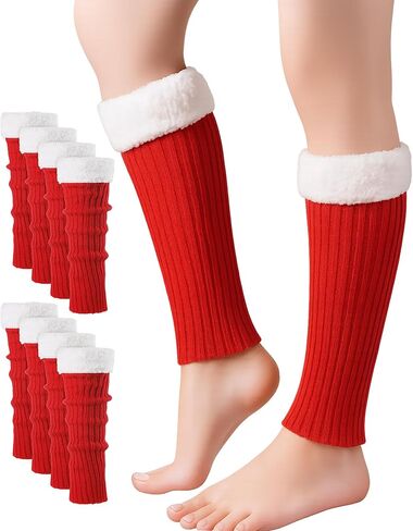 Shihanee 4 Pairs Christmas Leg Warmers for Women Red Ribbed Knitted Leg Warmers Fleece Plush Trim Boot Socks with Fuzzy Fur Cuffs for Winter Santa Holiday Dance Gifts Cosplay Party in Kuwait