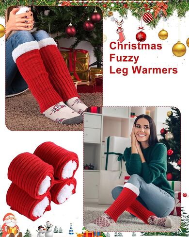 Shihanee 4 Pairs Christmas Leg Warmers for Women Red Ribbed Knitted Leg Warmers Fleece Plush Trim Boot Socks with Fuzzy Fur Cuffs for Winter Santa Holiday Dance Gifts Cosplay Party in Kuwait