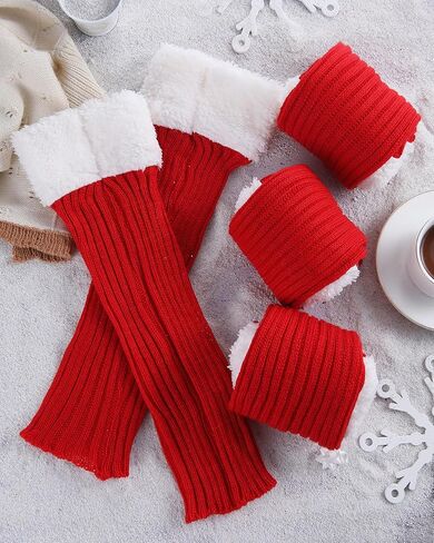 Shihanee 4 Pairs Christmas Leg Warmers for Women Red Ribbed Knitted Leg Warmers Fleece Plush Trim Boot Socks with Fuzzy Fur Cuffs for Winter Santa Holiday Dance Gifts Cosplay Party in Kuwait