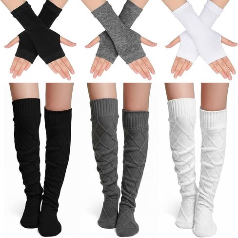 3 Sets Leg Warmers and Arm Warmers Women Knitted Knee High Socks Cable Knitted Fingerless Gloves over The Knee Long Boot Stocking for Women Girls Winter Cold Weather in Saudi Arabia