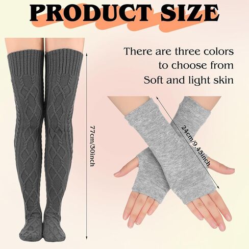 3 Sets Leg Warmers and Arm Warmers Women Knitted Knee High Socks Cable Knitted Fingerless Gloves over The Knee Long Boot Stocking for Women Girls Winter Cold Weather in Saudi Arabia